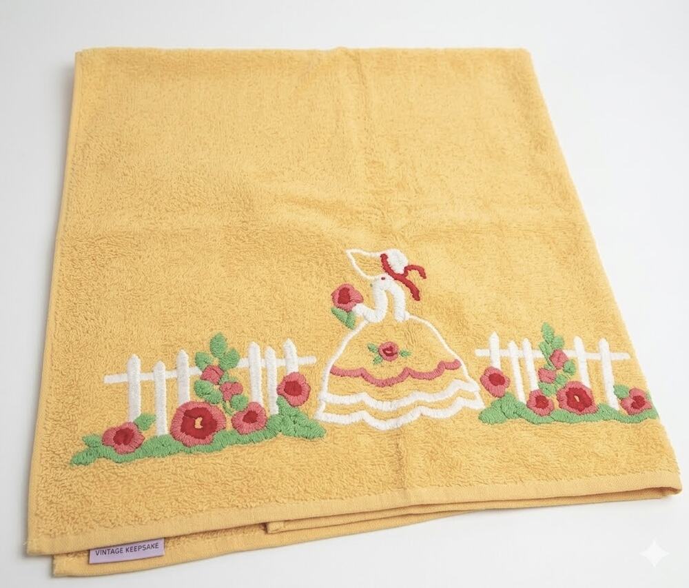 Vintage Martex Yellow Punch Needle Bath Towel Southern Belle Lady